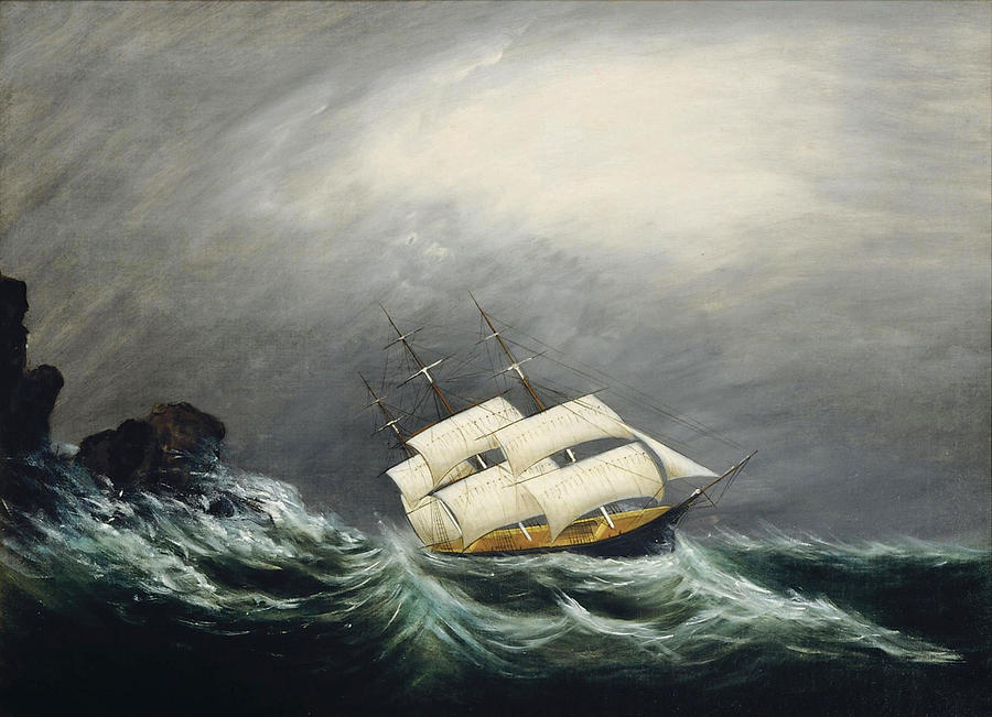 A three master in a storm Painting by Clement Drew