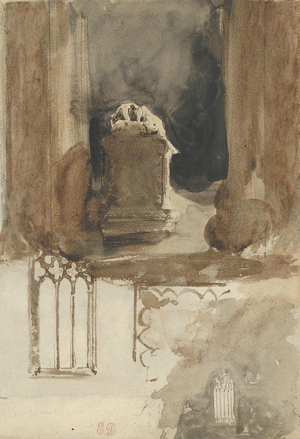 A Tomb and Studies of Windows in the Church of Valmont Abbey  Drawing by Eugene Delacroix
