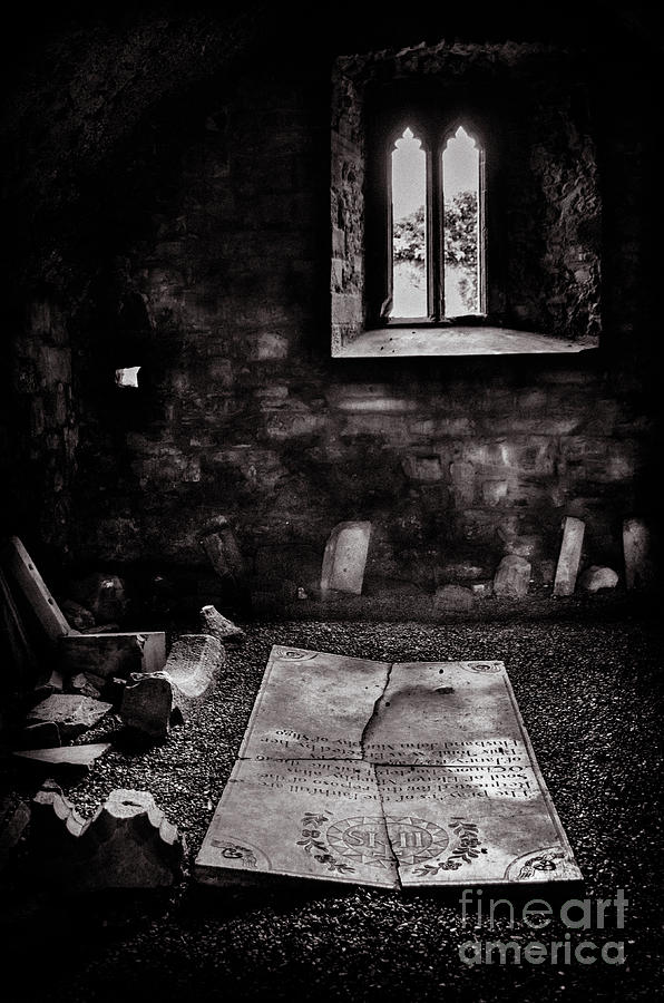 Black And White Photograph - A tombstone in Sligo Abbey BW by RicardMN Photography