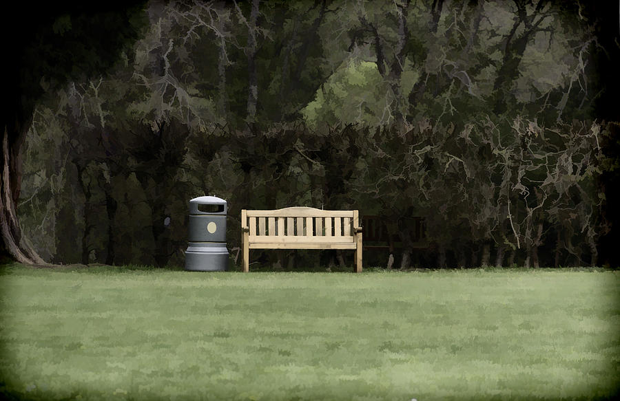 A trash can and wooden benches in a small grassy area Photograph by Ashish Agarwal