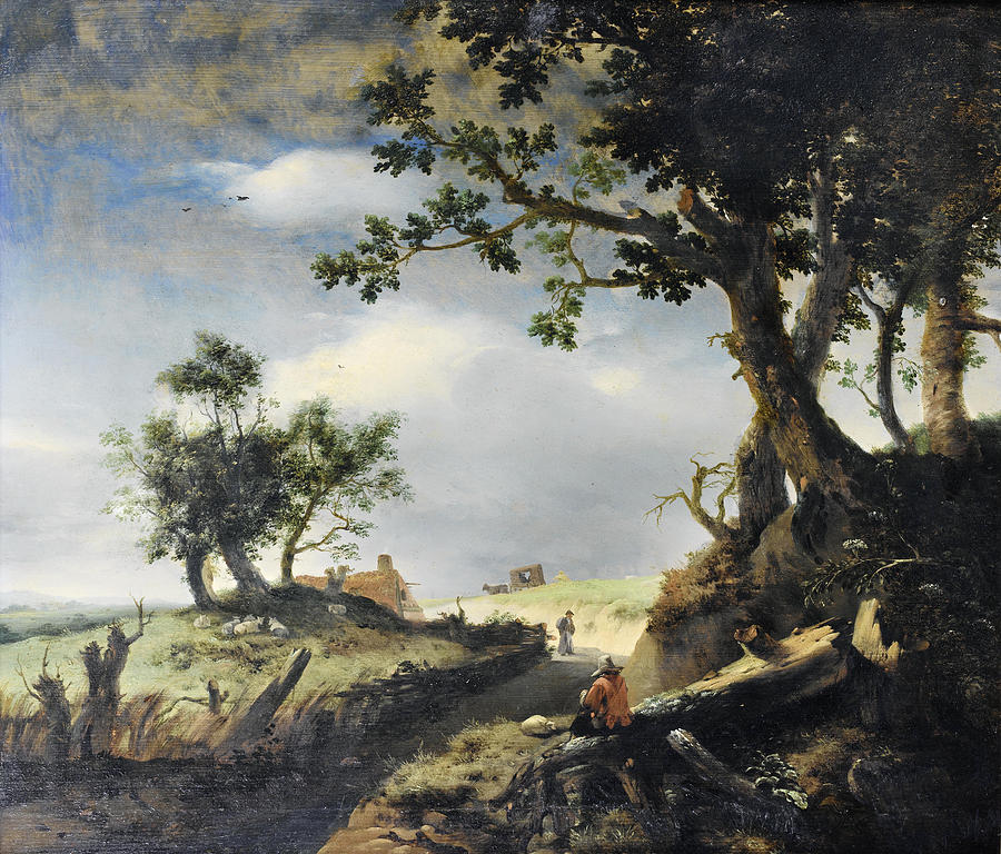 A traveller and his dog resting beside a country path Painting by Jan Wouwerman