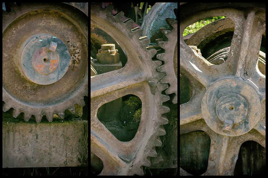 A Triptych of Old Gears Photograph by Tikvahs Hope
