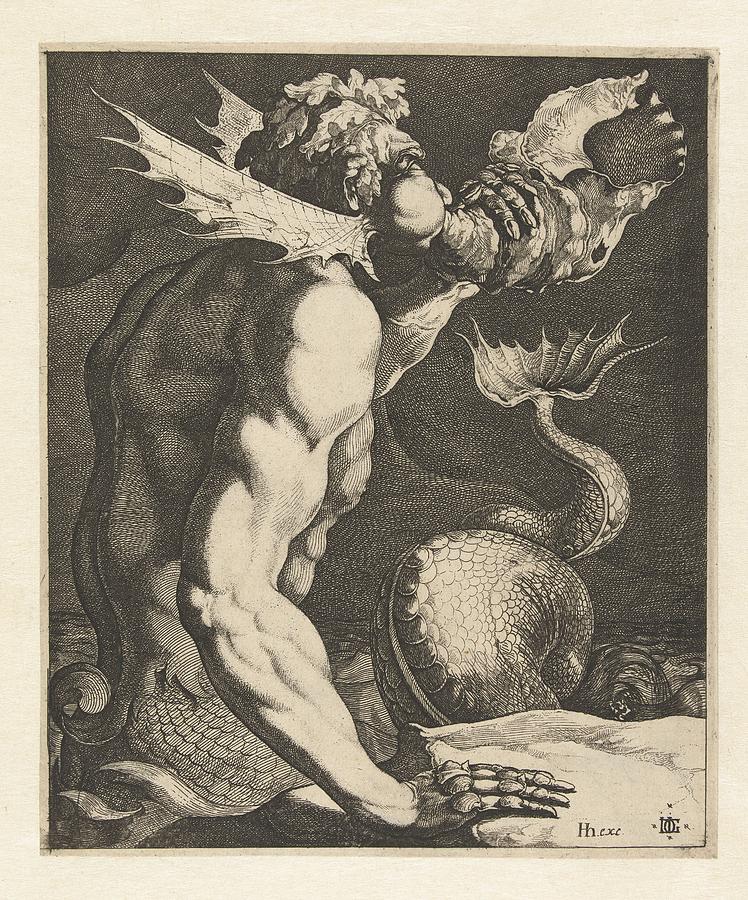 A triton blowing a conch Painting by Celestial Images