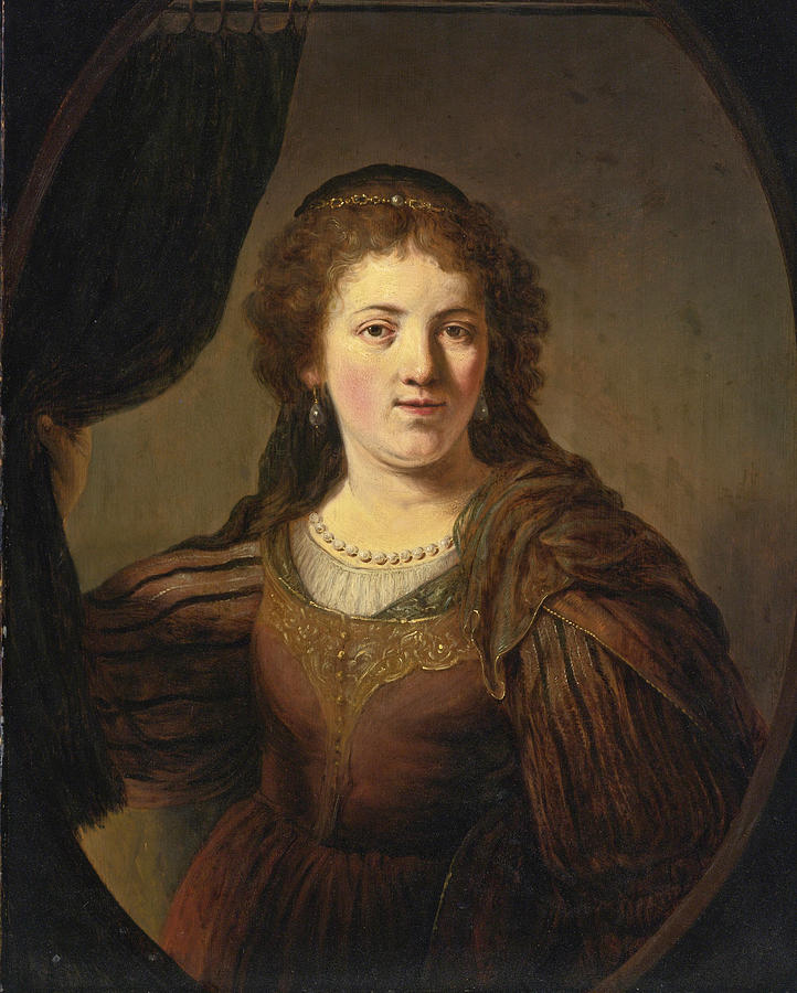 Govert Flinck Painting - A Tronie of a young woman in an eastern costume drawing a curtain to one side in a painted oval by Govert Flinck