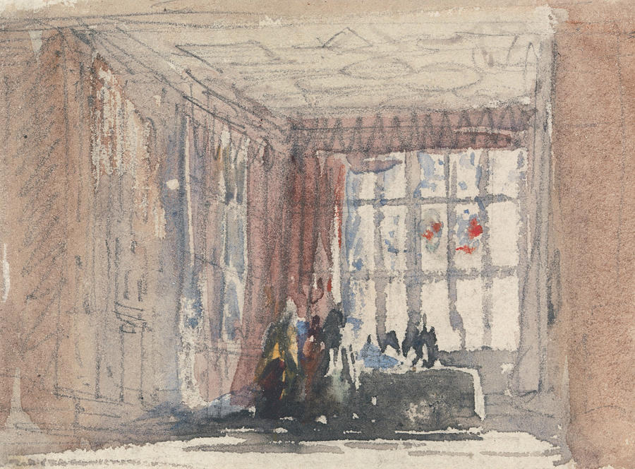 A Tudor Room with Figures, Possibly Hardwick Hall or Haddon Hall Painting by David Cox