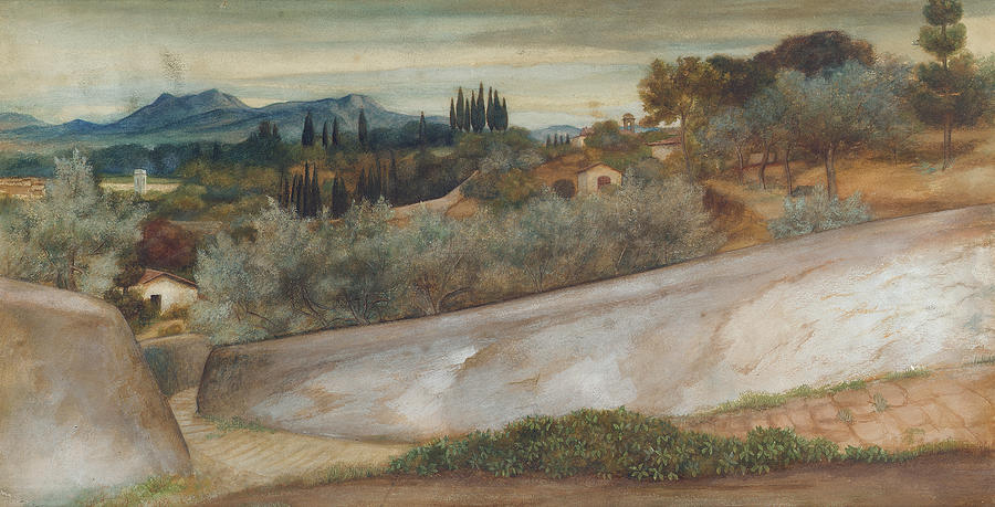Landscape Painting - A Tuscan landscape with village and olive grove by John Roddam Spencer Stanhope