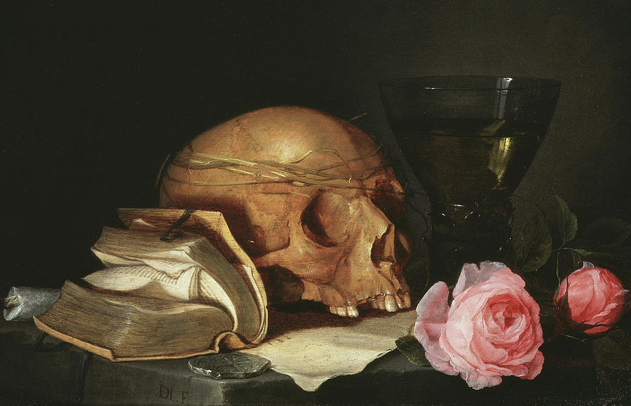 Rose Painting - A Vanitas Still Life with a Skull, a Book and Roses by Jan Davidsz de Heem