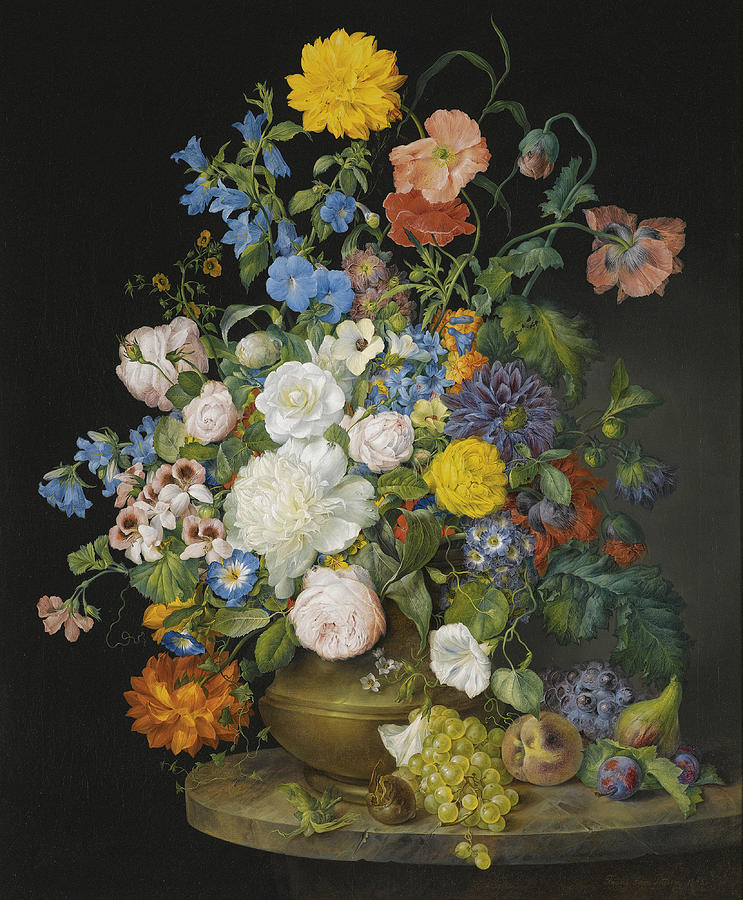 A Vase of Camellias, Geraniums, Dahlias, a White Peony, Roses, Poppies and other Flowers  Painting by Franz Xaver Petter