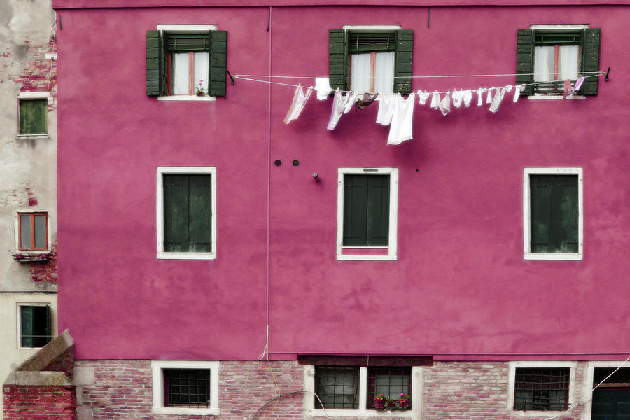 A Venetian View in Deep Pink with Laundry Photograph by Brooke T Ryan