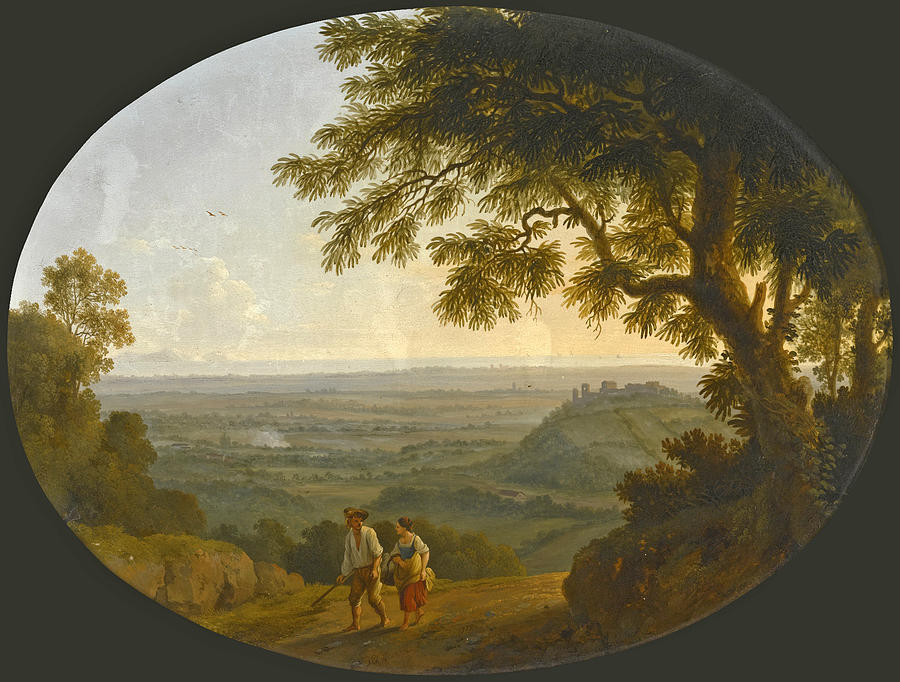 A view across the Alban Hills with a hilltop on the right and the sea in the far distance Painting by Jacob Philipp Hackert