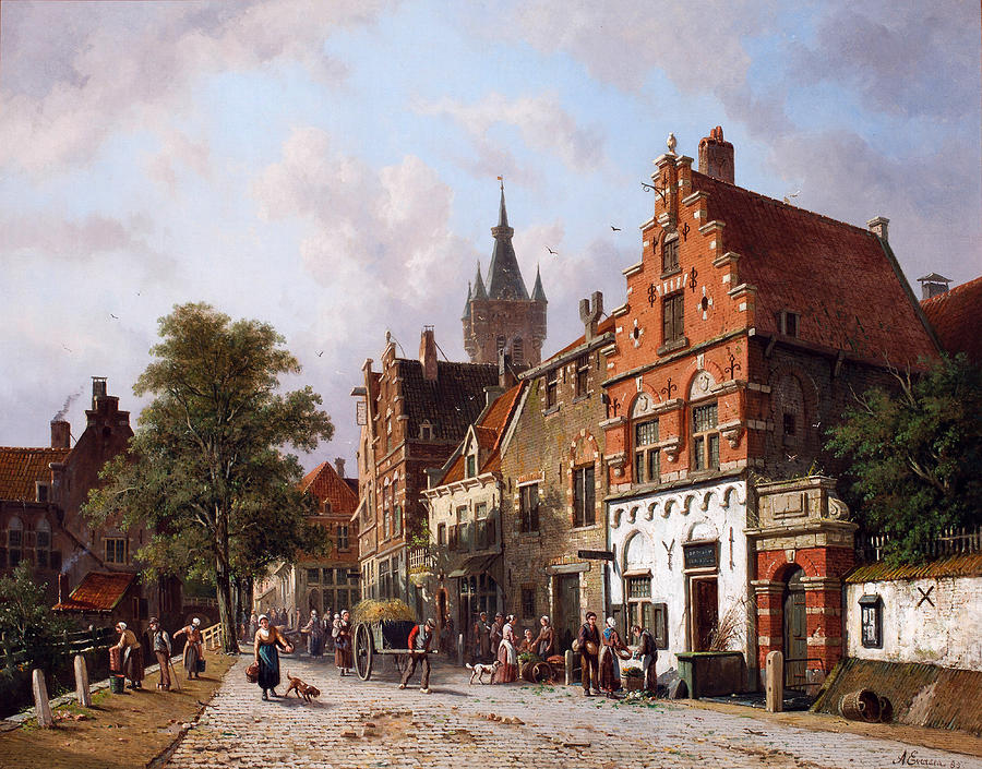 A View In Delft Painting by Adrianus Eversen