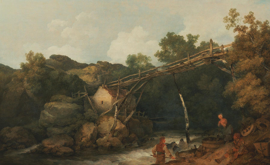 A View near Matlock, Derbyshire with Figures Working beneath a Wooden Conveyor Painting by Philip James de Loutherbourg
