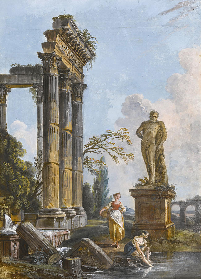 A View Of a Ruined Temple With Washerwomen Drawing by Jean-Baptiste Lallemand