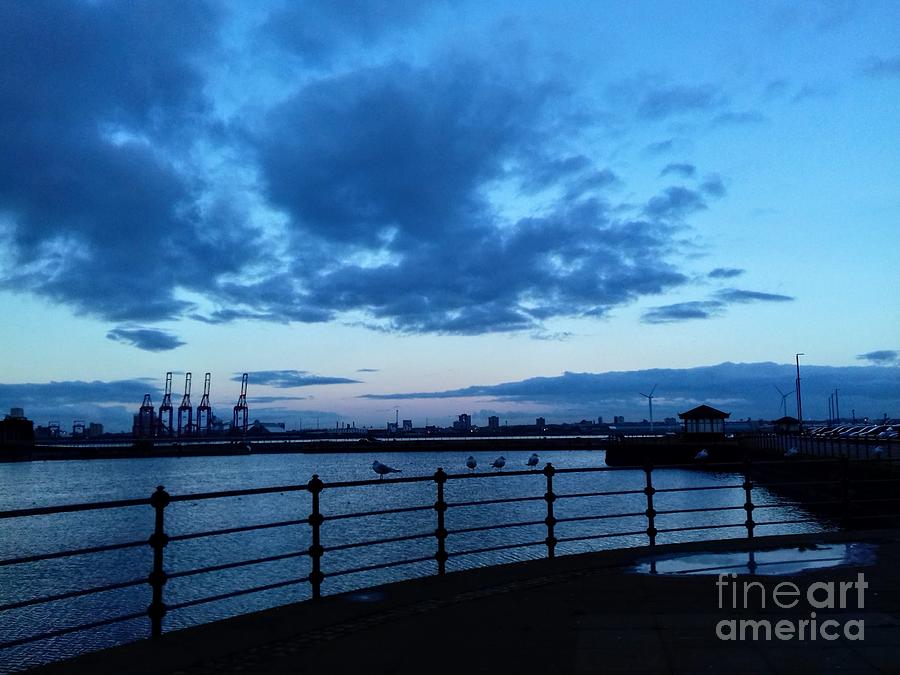 A view of Bootle Docks from New Brighton in Blue Photograph by Joan-Violet Stretch
