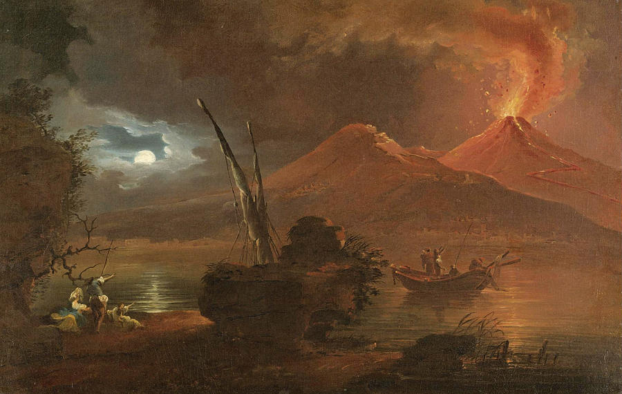A View of Mount Vesuvius erupting by Moonlight  Painting by Attributed to Francesco Fidanza