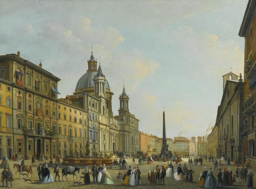 A View Of Piazza Navona With Elegantly Dressed Figures Painting by MotionAge Designs