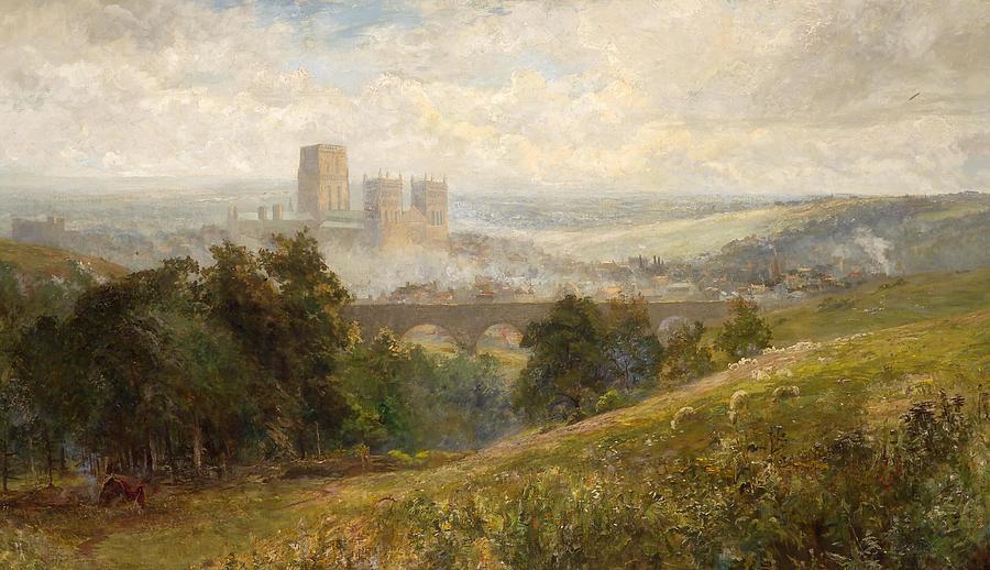 A View Of The Town Of Durham And The Cathedral With Sheep Grazing Painting
