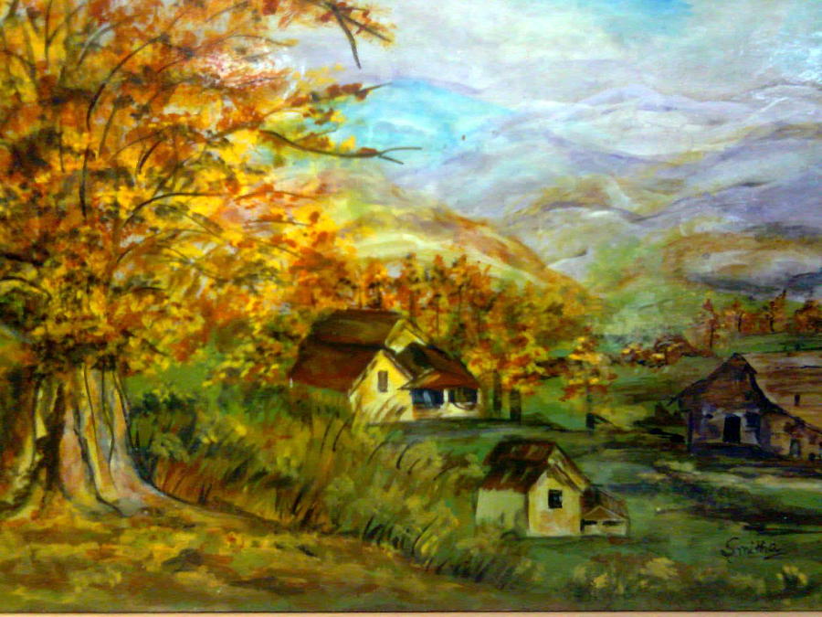 Tree Painting - A village scene by Smitha Kamath