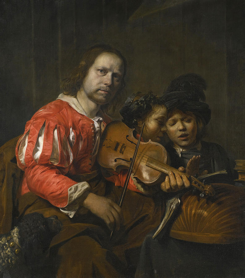 A Violin Player accompanying two Young Singers Painting by Jan de Bray