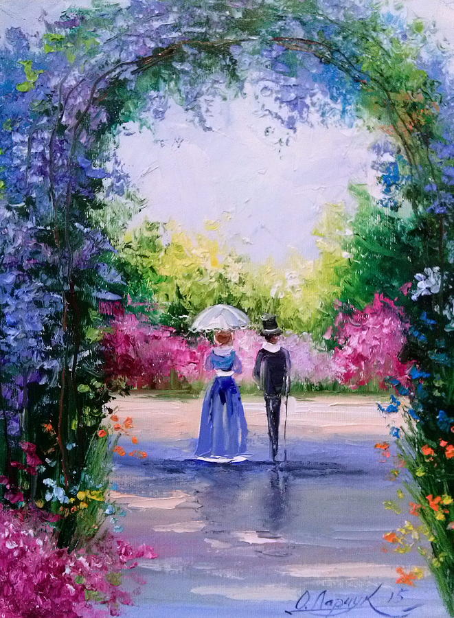 A walk in the lush garden Painting by Olha Darchuk