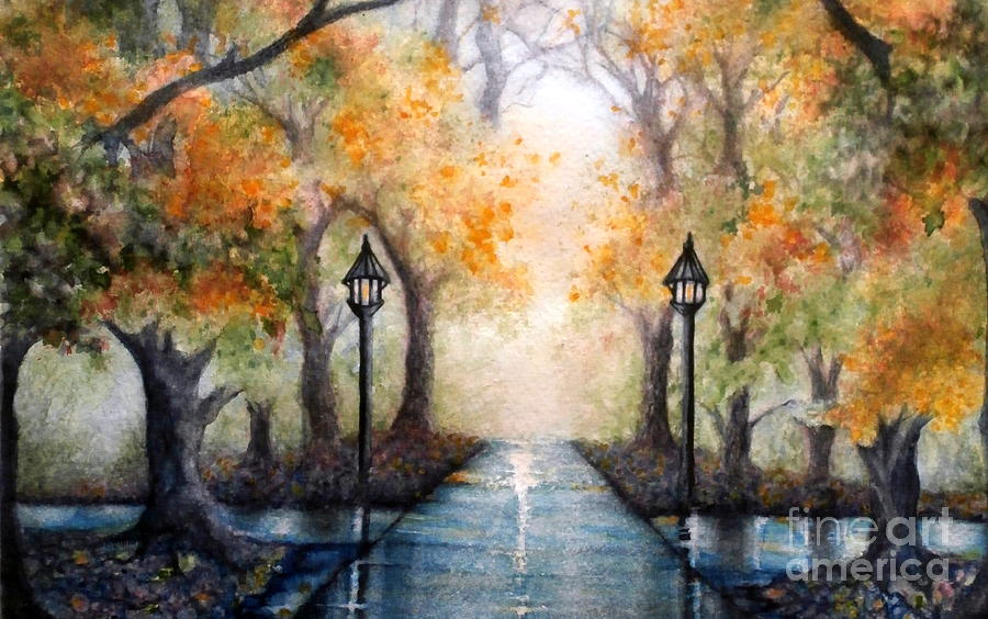 A Walk in the Park in Autumn - Wide Horizon Painting by Janine Riley