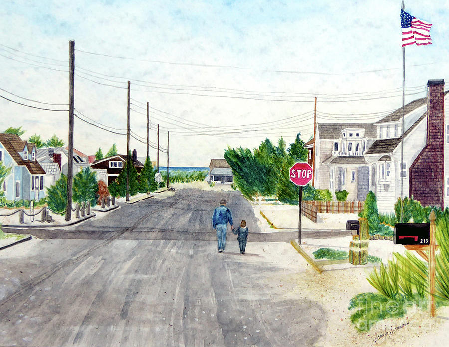 A Walk with Grandpop, Long Beach Island,  New Jersey Painting by Pamela Parsons