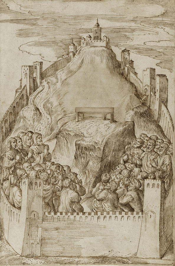 A walled ancient city possibly Jerusalem people praying in front of an altar Drawing by Domenico Campagnola