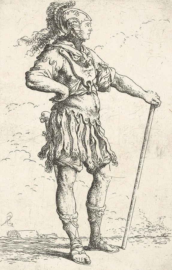 A warrior facing right wearing a plumed helmet and holding a staff Relief by Salvator Rosa