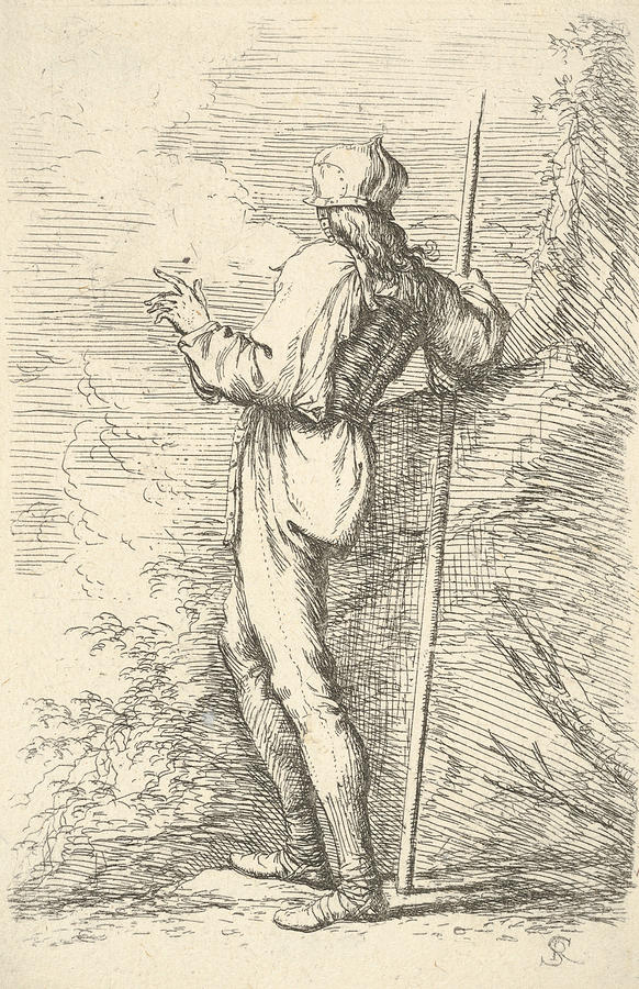 A warrior shown from behind holding a staff and leaning on a rock Relief by Salvator Rosa