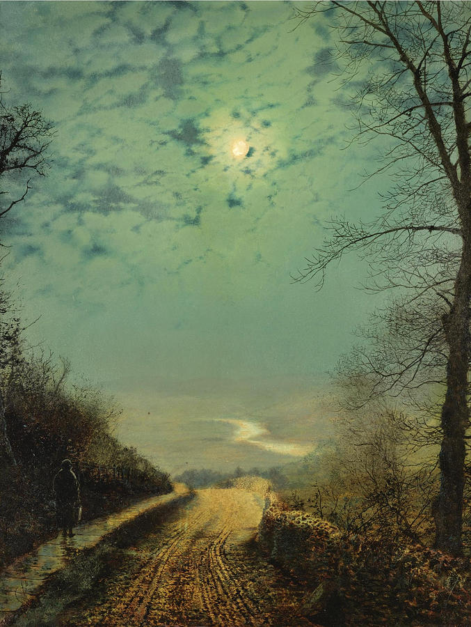 A Wet Road by Moonlight. Wharfedale Painting by John Atkinson Grimshaw