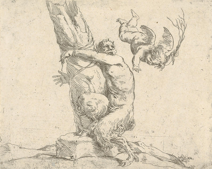 A winged putto flogging a satyr tied to a tree Relief by Jusepe de Ribera
