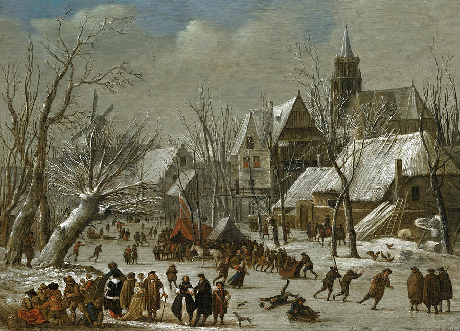 A Winter Landscape with Figures on a frozen Canal Painting by Gerrit Battem