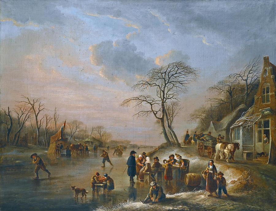 A winter landscape with figures seated outside a tavern on the frozen river Painting by Andries Vermeulen
