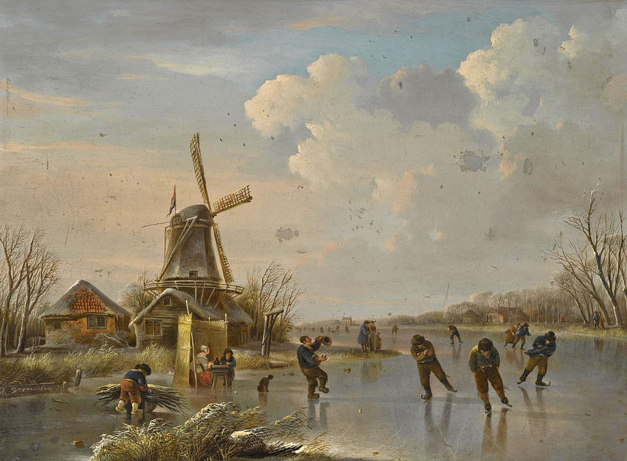 A winter landscape with figures skating Painting by Attributed to Andries Vermeulen
