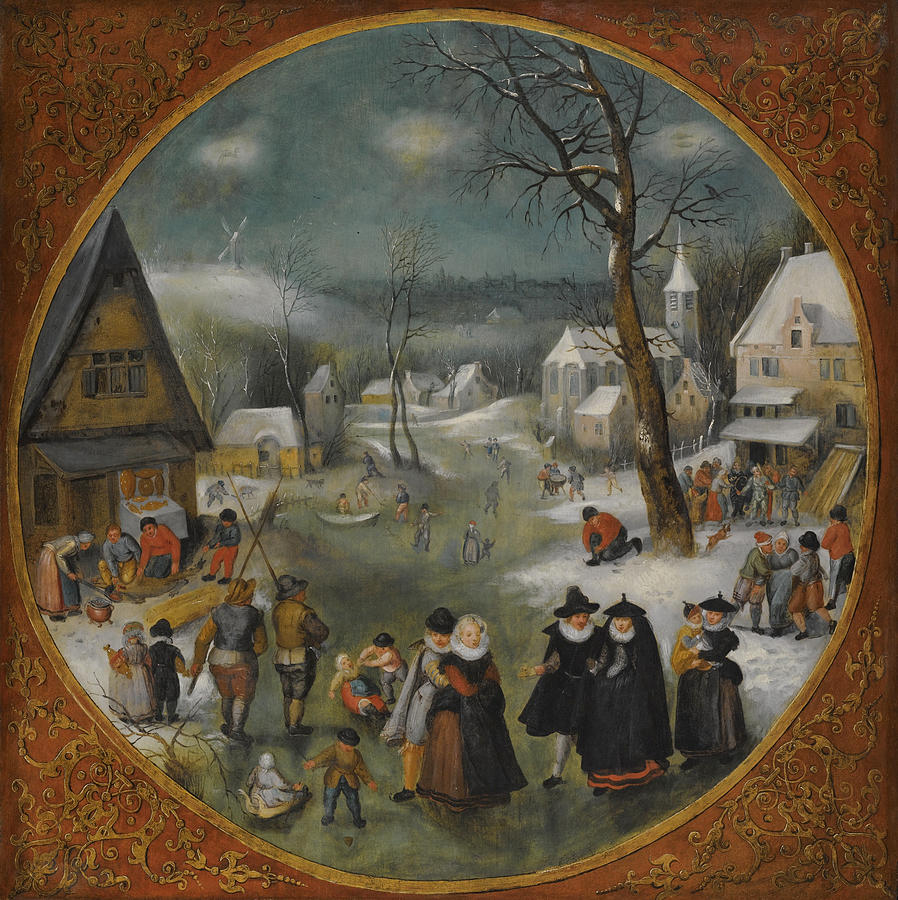 Tree Painting - A winter landscape with figures skating by Workshop of Jacob Grimmer