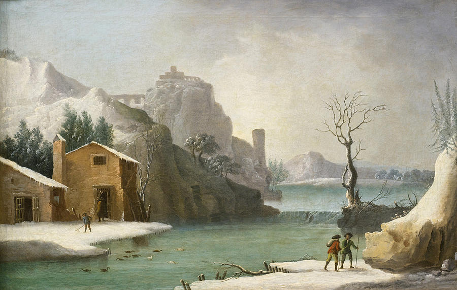 A Winter Landscape with Travellers Along a River a Hilltop Town beyond Painting by Francesco Foschi