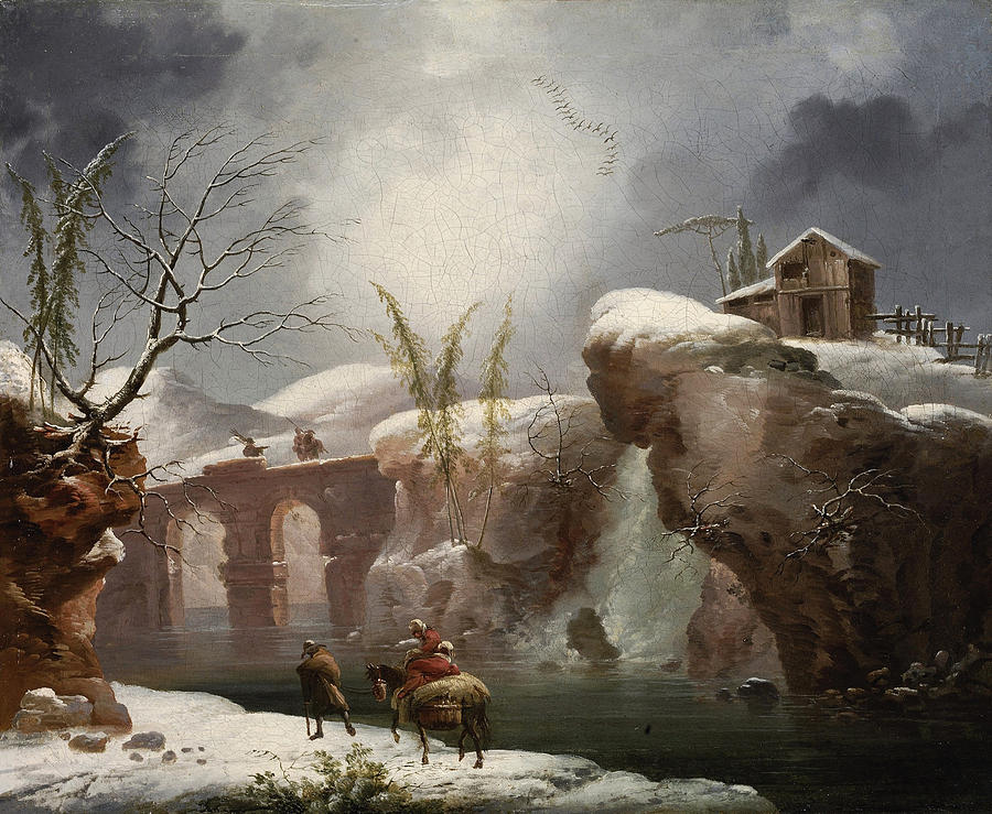 A winter landscape with travellers by a river Painting by Francesco Foschi