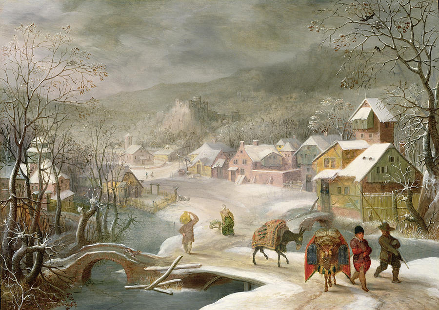 Winter Painting - A Winter Landscape with Travellers on a Path by Denys van Alsloot