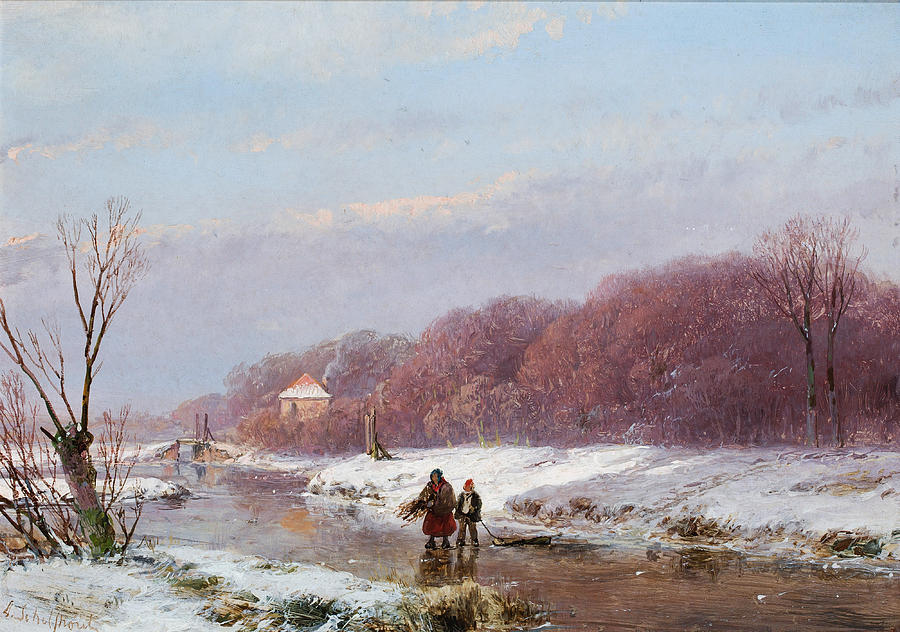 Andreas Schelfhout Painting - A Winter Landscape with Wood Gatherers on the Ice by Andreas Schelfhout