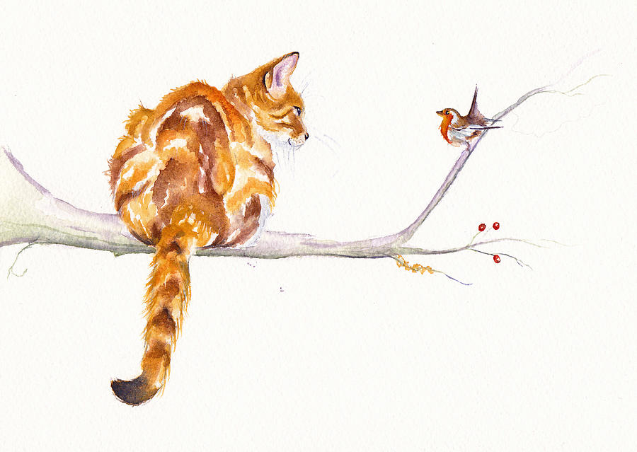 Robin Painting - A Winter Meeting - Ginger Cat by Debra Hall