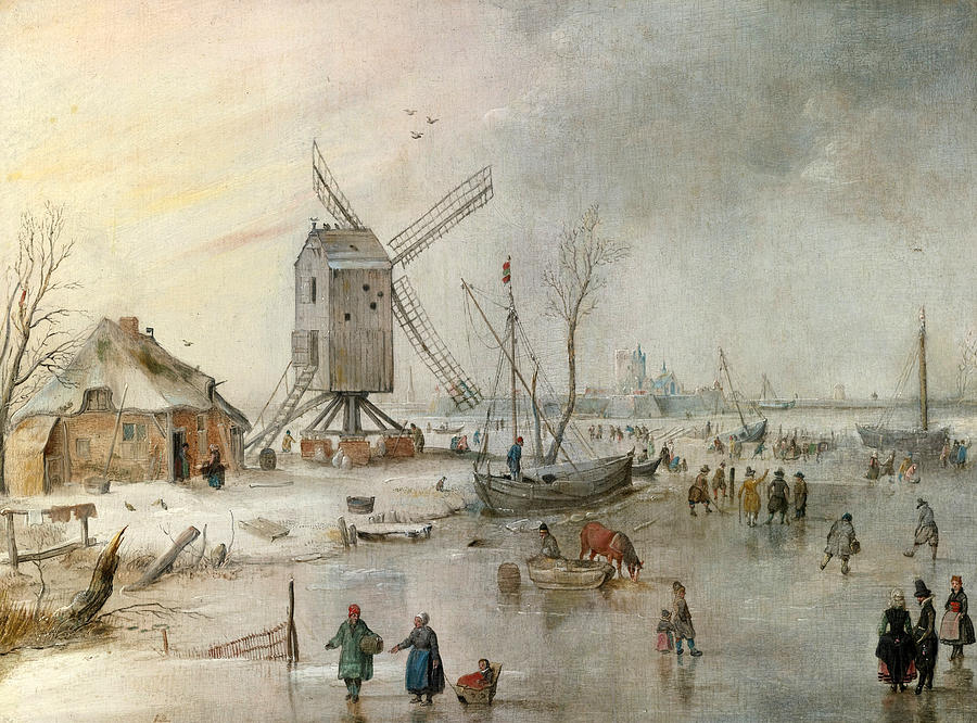 A Winter Scene with a Windmill and Figures on a Frozen River Painting by Hendrick Avercamp