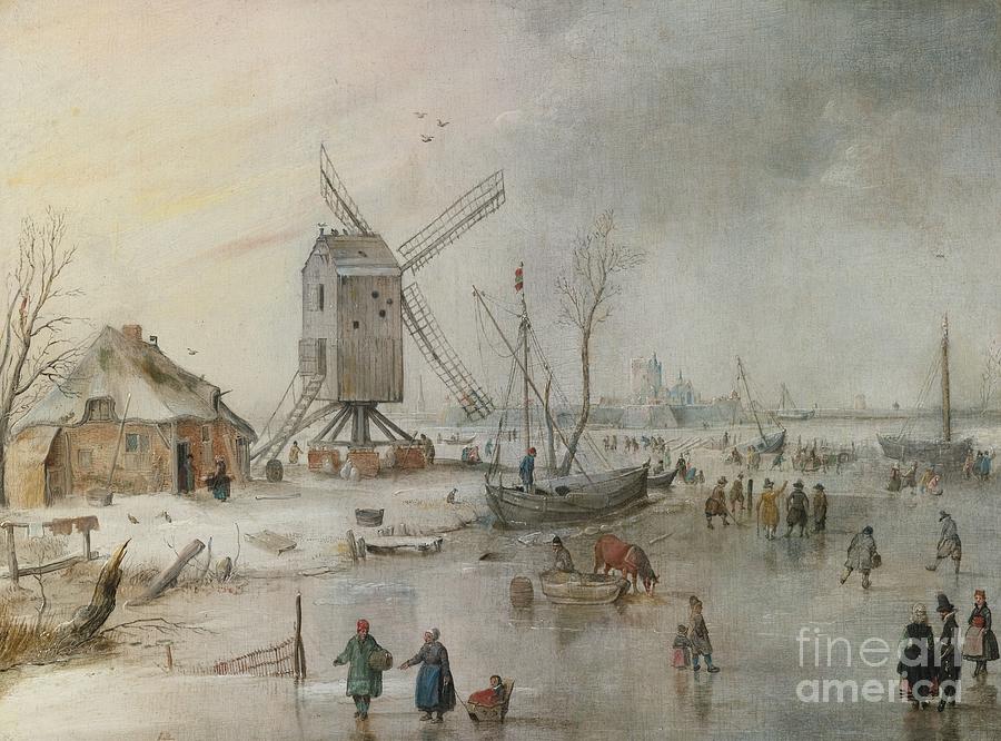 A Winter Scene With A Windmill Painting by MotionAge Designs