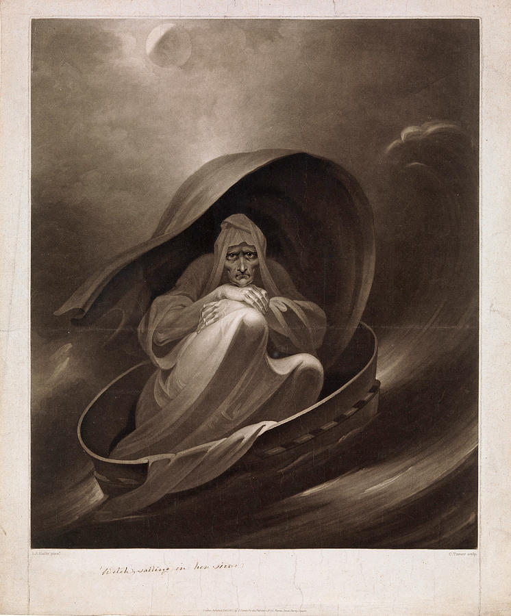 Charles Turner Drawing - A Witch Sailing to Aleppo in a Sieve by Charles Turner