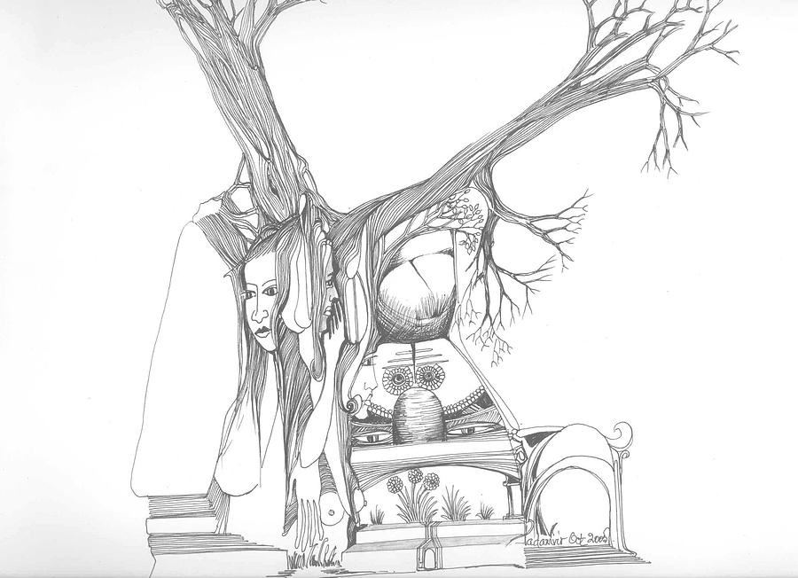 A woman a temple a tree and some rocks Drawing by Padamvir Singh