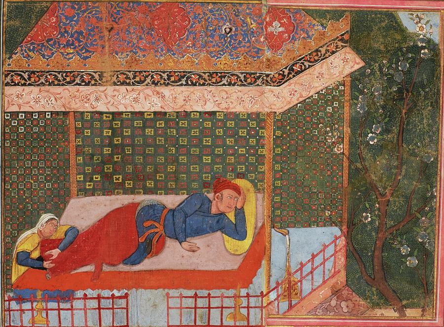 A woman holds the feet of a man sleeping in a pavilion Painting by Eastern Accents
