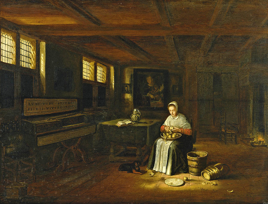 A Woman in an Interior peeling Vegetables Painting by Govert Dircksz Camphuysen