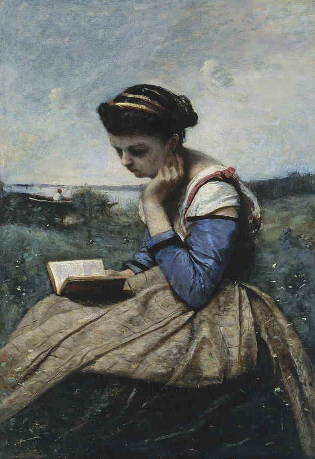 A Woman Reading Painting by Jean-Baptiste-Camille Corot