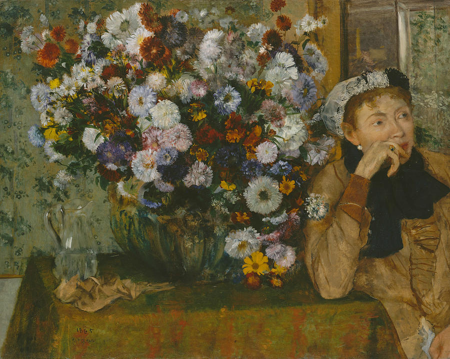 A Woman Seated beside a Vase of Flowers Painting by Edgar Degas