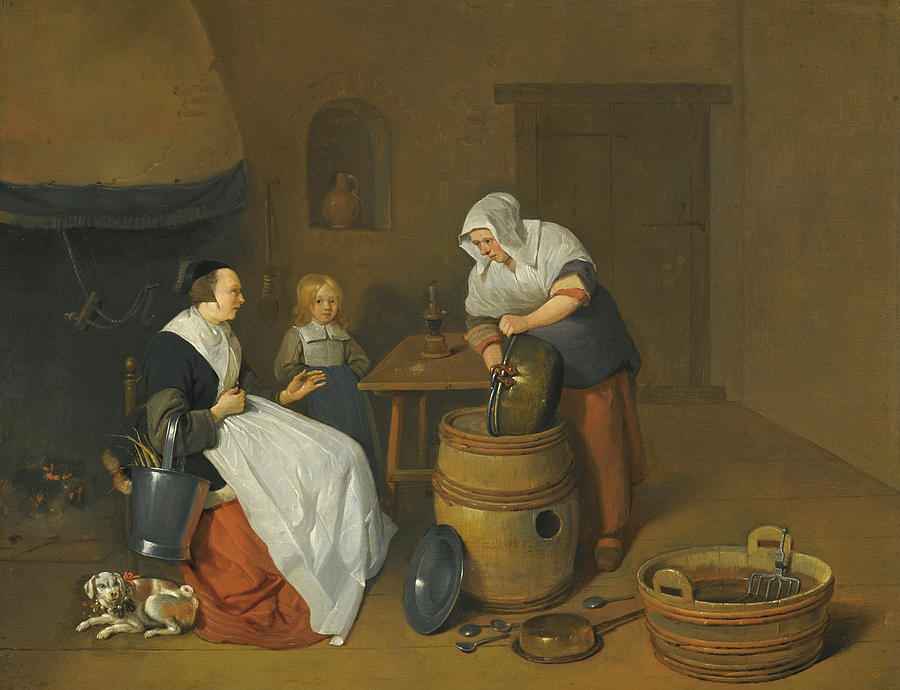 A Woman talking with her Maid in a Kitchen interior with a Child, a Dog and a Fire Painting by Quiringh Gerritsz van Brekelenkam