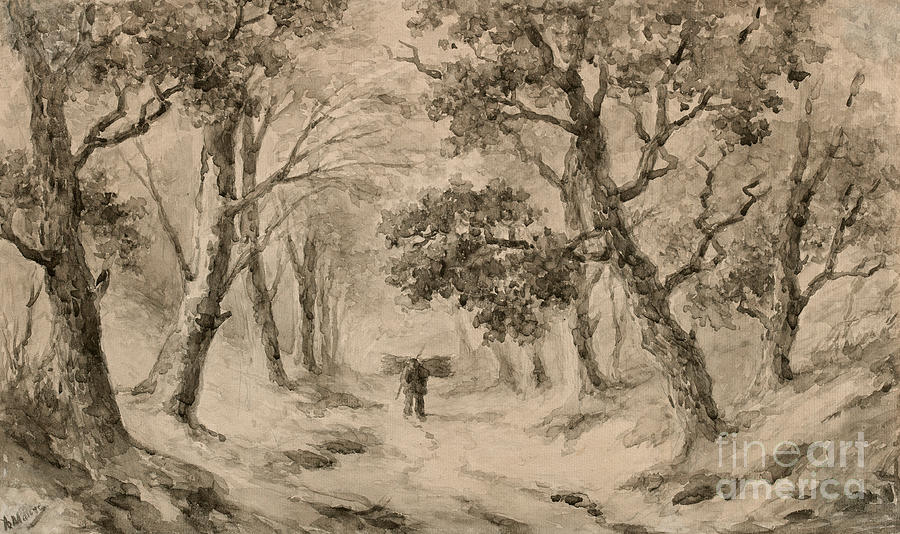 A Wood Gatherer in the Forest Drawing by Anton Mauve